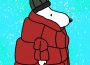 A bipedal white dog, reminiscent of Peanuts Snoopy, wearing a large red coat and a green toque while it snows.