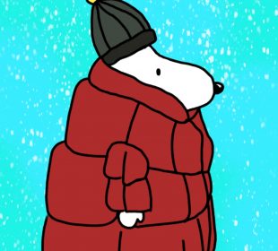 A bipedal white dog, reminiscent of Peanuts Snoopy, wearing a large red coat and a green toque while it snows.