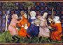 A 14th century drawing of peasants breaking bread and drinking together, seemingly in a forest or some other natural scene.