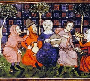 A 14th century drawing of peasants breaking bread and drinking together, seemingly in a forest or some other natural scene.