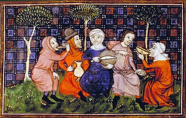 A 14th century drawing of peasants breaking bread and drinking together, seemingly in a forest or some other natural scene.