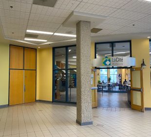 A photo of the outside of La Rotonde in La Cité. There are a few people inside it, but mostly it is empty.