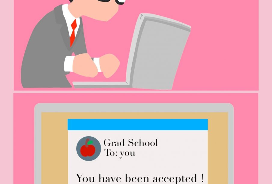 A person sitting in front of a laptop, checking off a box on a grad school application. In the second panel an emails says accepted.