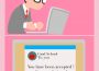 A person sitting in front of a laptop, checking off a box on a grad school application. In the second panel an emails says accepted.