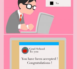 A person sitting in front of a laptop, checking off a box on a grad school application. In the second panel an emails says accepted.