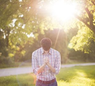 A person on their knees on the grass in summer with a tree behind them on their right. They are holding their hands and bowing their head in prayer while the sun shines behind them and results in a lens flare to the left of them.