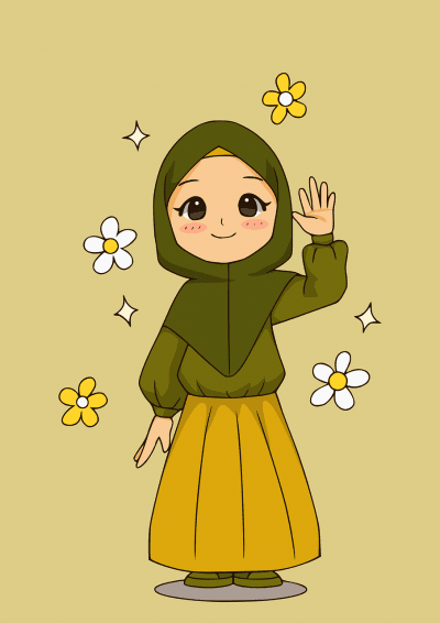 A drawing of a smiling person wearing a hijab and waving. They are surrounded by stars and flowers.