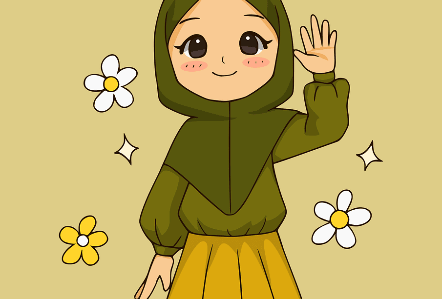 A drawing of a smiling person wearing a hijab and waving. They are surrounded by stars and flowers. 