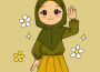 A drawing of a smiling person wearing a hijab and waving. They are surrounded by stars and flowers. 