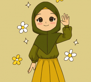 A drawing of a smiling person wearing a hijab and waving. They are surrounded by stars and flowers. 