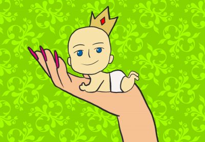A drawing of a hand holding up a palm-sized, crown- and diaper-wearing baby on a green background with a lighter green Victorian pattern.