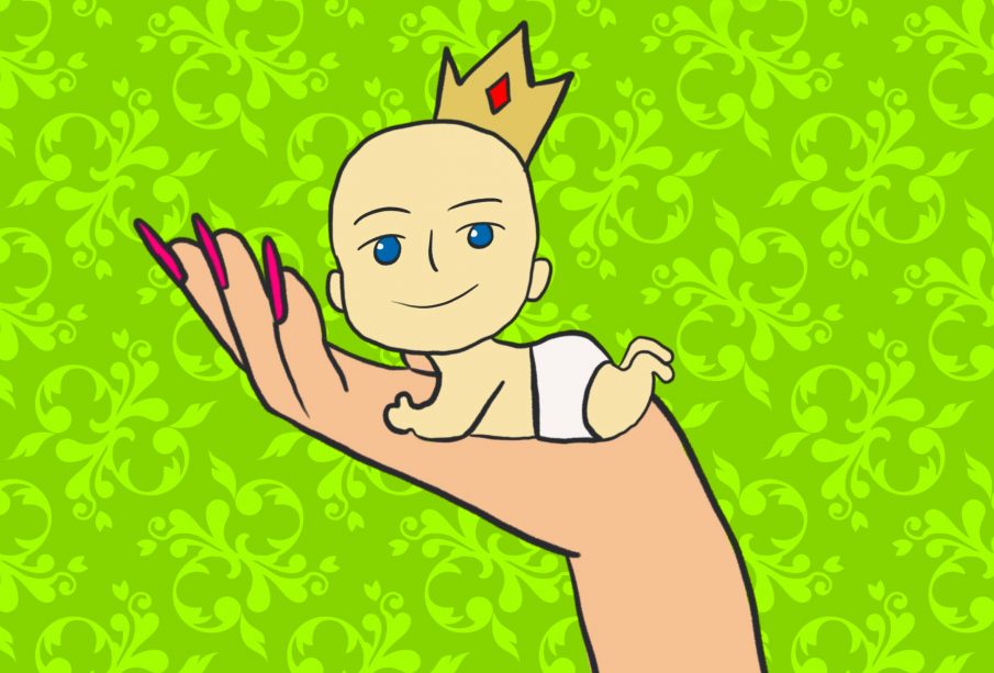 A drawing of a hand holding up a palm-sized, crown- and diaper-wearing baby on a green background with a lighter green Victorian pattern.