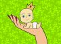 A drawing of a hand holding up a palm-sized, crown- and diaper-wearing baby on a green background with a lighter green Victorian pattern.
