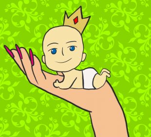 A drawing of a hand holding up a palm-sized, crown- and diaper-wearing baby on a green background with a lighter green Victorian pattern.