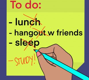 A to-do list with everything crossed out except “study.”