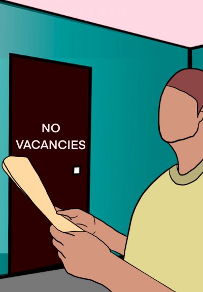 A sketch of a person with files in hand, standing in front of a locked door. A sign on the door says “No vacancies.”