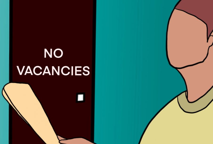 A sketch of a person with files in hand, standing in front of a locked door. A sign on the door says “No vacancies.”