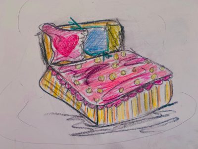 A sketch of a cute pink and yellow bed.