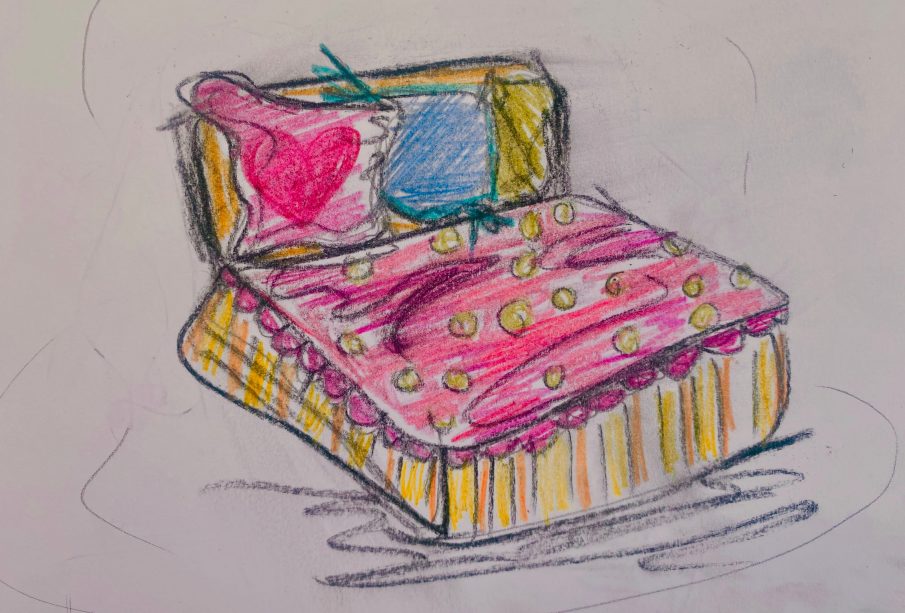 A sketch of a cute pink and yellow bed.
