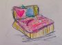 A sketch of a cute pink and yellow bed.