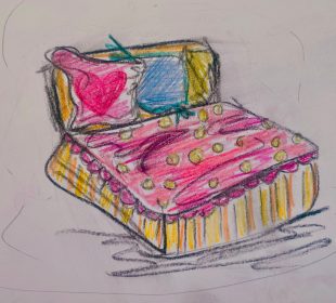 A sketch of a cute pink and yellow bed.