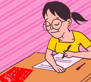 A student taking a paper exam with a red answer sheet on their desk. 