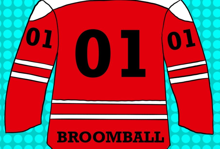 A red broomball jersey with three white stripes, two across the waist and elbows and one across the shoulders. The player number “01” is on each sleeve and the back, with “broomball” in black capital lettering.