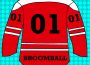 A red broomball jersey with three white stripes, two across the waist and elbows and one across the shoulders. The player number “01” is on each sleeve and the back, with “broomball” in black capital lettering.