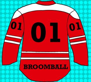 A red broomball jersey with three white stripes, two across the waist and elbows and one across the shoulders. The player number “01” is on each sleeve and the back, with “broomball” in black capital lettering.