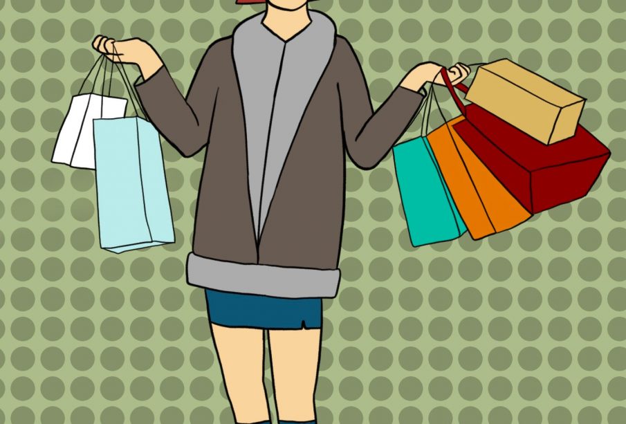 A sketch of a person, standing with four shopping bags in their left hand and two in their right hand.
