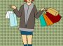 A sketch of a person, standing with four shopping bags in their left hand and two in their right hand.
