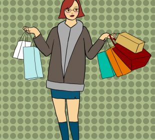 A sketch of a person, standing with four shopping bags in their left hand and two in their right hand.