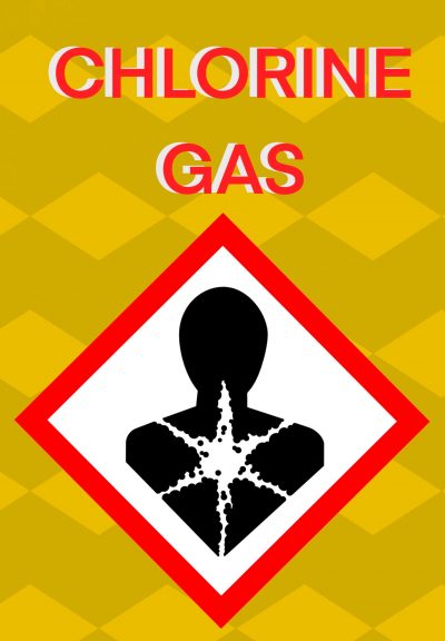 A health hazard pictogram with the words “CHLORINE GAS” in bold red letters above it with a yellow checkered background.