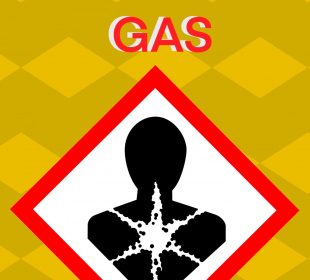 A health hazard pictogram with the words “CHLORINE GAS” in bold red letters above it with a yellow checkered background.