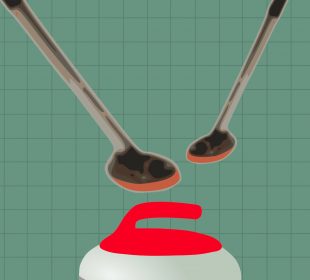 A red curling rock with two curling brooms above it.