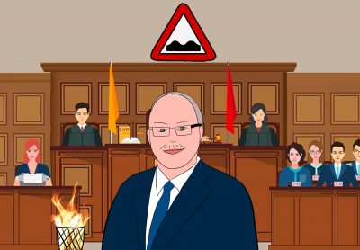 An illustration of Ryan Domotor’s head and shoulders smiles from a coutrooom. Above him is a road hazard sign, and beside him is a trash can which is burning.
