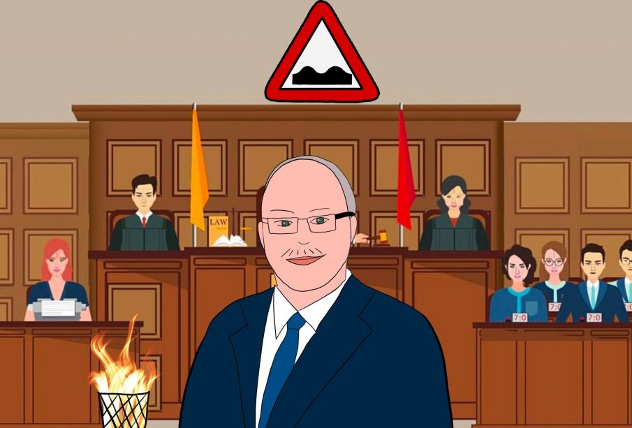 An illustration of Ryan Domotor’s head and shoulders smiles from a coutrooom. Above him is a road hazard sign, and beside him is a trash can which is burning.