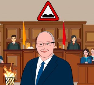 An illustration of Ryan Domotor’s head and shoulders smiles from a coutrooom. Above him is a road hazard sign, and beside him is a trash can which is burning.