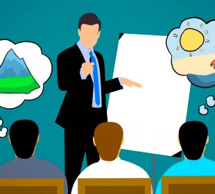 A sketch of a small classroom, with a teacher speaking to some students. Thought bubbles show the students dreaming of their passions.