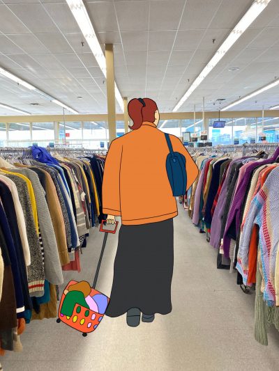 A drawing of a person pulling a shopping cart full of clothes overlaid over a photograph of an aisle of sweaters or cardigans in a thrift store.