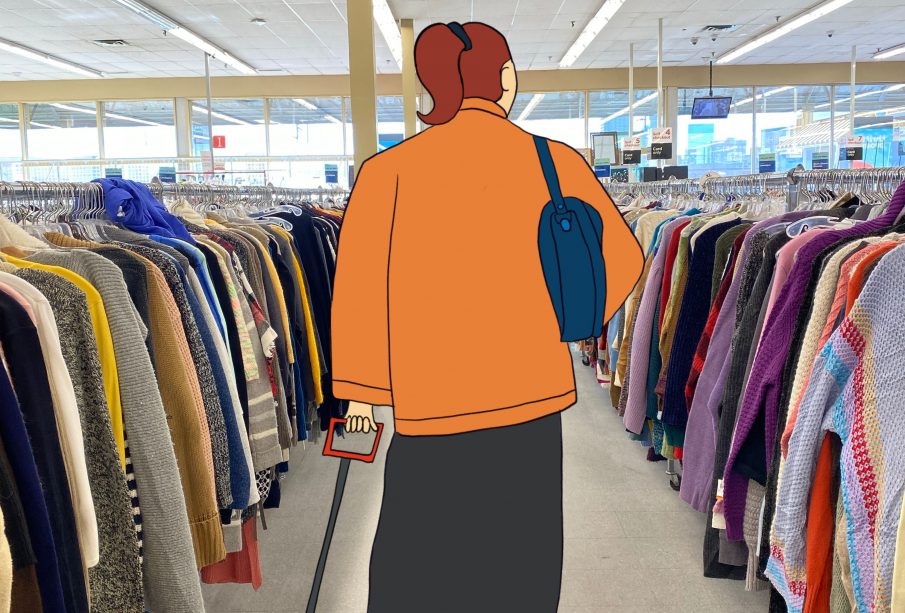 A drawing of a person pulling a shopping cart full of clothes overlaid over a photograph of an aisle of sweaters or cardigans in a thrift store.