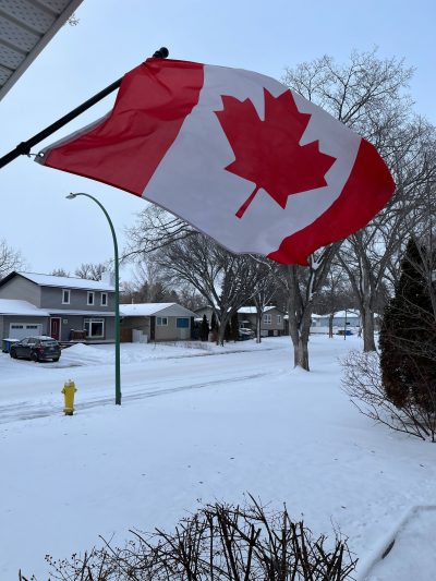 A Canada flag outside in the winter, billowing in the wind.