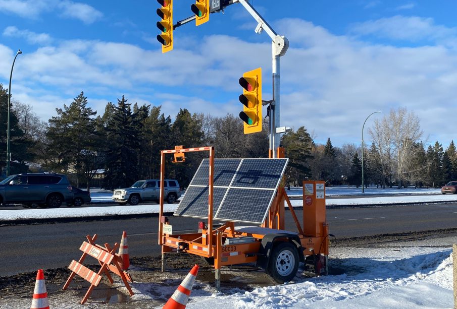 A photo of the temporary replacement lights at the intersection that the accident occurred. The photograph was taken from the east side of the lights.
