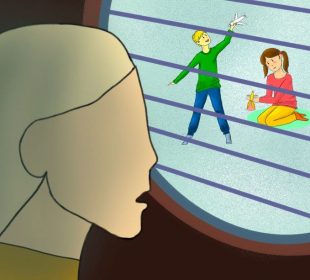 A drawing of a blonde staring through bars at two children who are smiling and playing outside. One child is playing with an airplane and the other is playing with a doll. The blonde seems aghast at the children’s freedom.