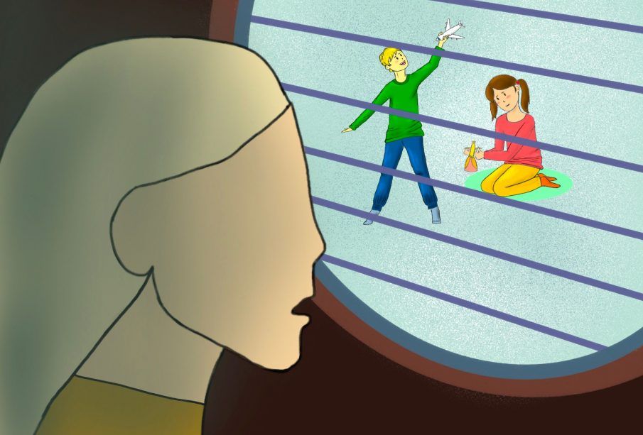 A drawing of a blonde staring through bars at two children who are smiling and playing outside. One child is playing with an airplane and the other is playing with a doll. The blonde seems aghast at the children’s freedom.