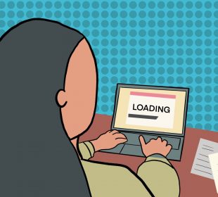 A person with long grey hair sits in front of an open laptop displaying a loading page. The person is wearing a light green sweater and has their hands on the keyboard.