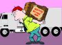 A person with short red hair and a bright green shirt carries a box on their back reading “Warning! will cause death”