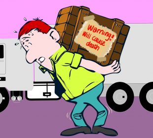 A person with short red hair and a bright green shirt carries a box on their back reading “Warning! will cause death”