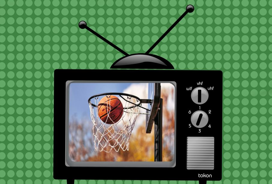 A graphic of a black tube-style television showing a basketball in a basketball net; a shot is sinking into the hoop. The video on the television is in colour with autumn leaves blurred behind the basketball and net.
