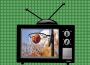 A graphic of a black tube-style television showing a basketball in a basketball net; a shot is sinking into the hoop. The video on the television is in colour with autumn leaves blurred behind the basketball and net.